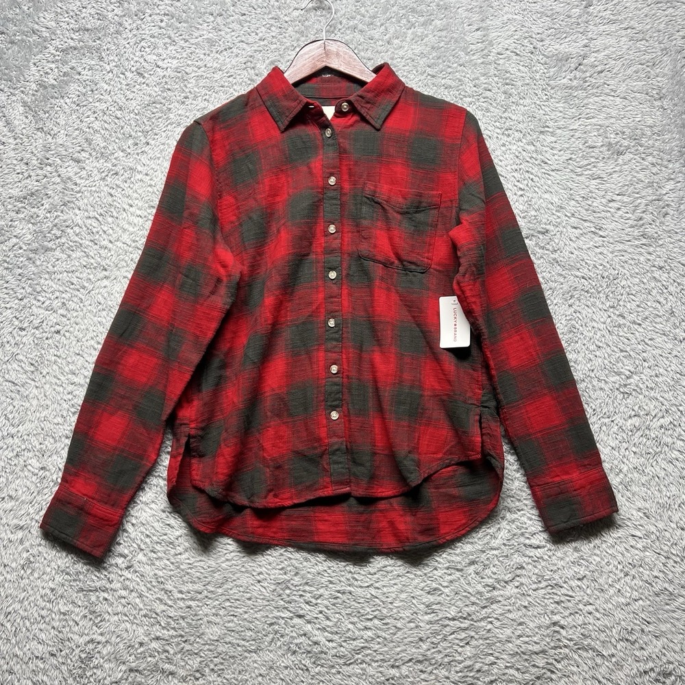 Lucky Brand Clyde Boyfriend Flannel Button Up Top Womens Small‎ Red Black Plaid